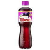 A 500ml Ribena Blackcurrant Juice Drink in a plastic bottle with a purple cap, condensation on the surface, and a label featuring blackcurrants and Ribena branding.